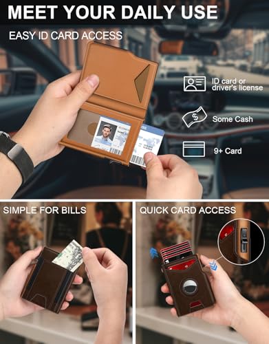 Airtag Wallet for Men, Minimalist Slim Mens Wallet Smart Pop Up Credit Card Holder for 9-13 Cards, RFID Blocking Wallet with ID Window & Cash Slot, Compact Bifold Metal Aluminum Card Case