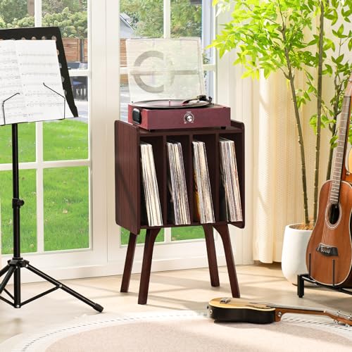 LELELINKY Small Record Player Stand - Width 11.7 in, Walnut Vinyl Record Storage Table with 4 Cabinet Up to 80 Albums, Vinyl Holder with Wood Legs,Turntable Stand Display Shelf for Bedroom Living Room