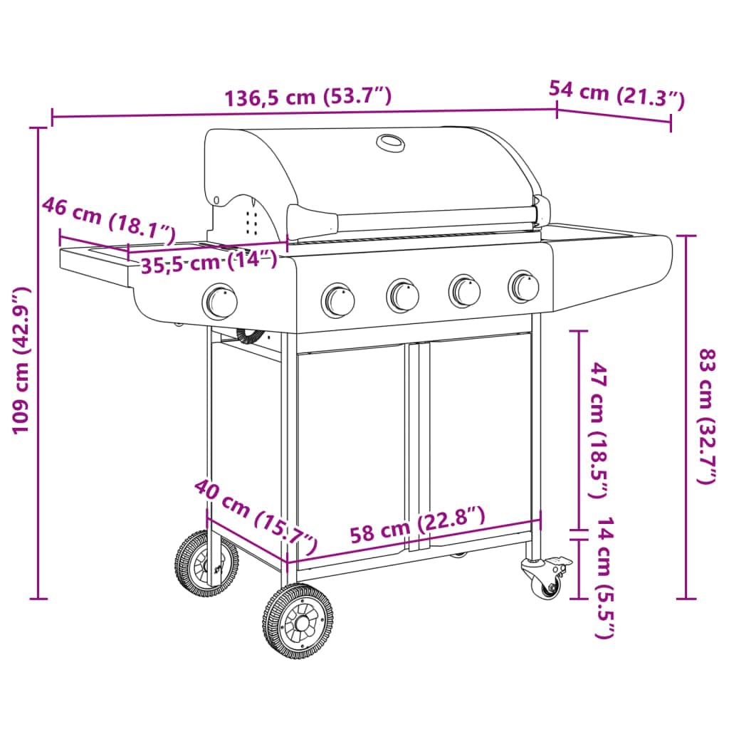 Grill gazowy z 5 płomieniami, ze stali nierdzewnej, srebrny, powierzchnia grillowania: 63 x 40 cm, moc 16 kW, z zapłonem piezoelektrycznym i wbudowanym termometrem, do ogrodu, na balkon