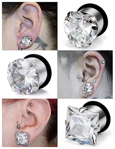 Vsnnsns 8G 6G 4G 2G 0G 1/2 inch Stainless Steel Ear Gauges - Round, Square, Heart, Cubic Zirconia - 3mm to 12mm - Silver, 3 Pairs3