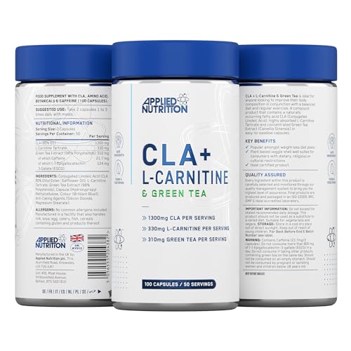 Applied Nutrition CLA + L-Carnitin 100 Kapseln mit Grüntee – Veganes Supplement mit L-Carnitin, CLA und Grüntee für den Alltag