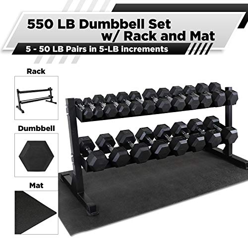 Wf Athletic Supply Rubber Coated Hex Dumbbell Set, Multiple Choices Available - Dumbbells With Rack Stand And Mat, Or Dumbbells Only (200/550/1200/2100/3000 Lb) (D. 5-50Lb W/ 2-Tier Rack And Mat) #TOP1