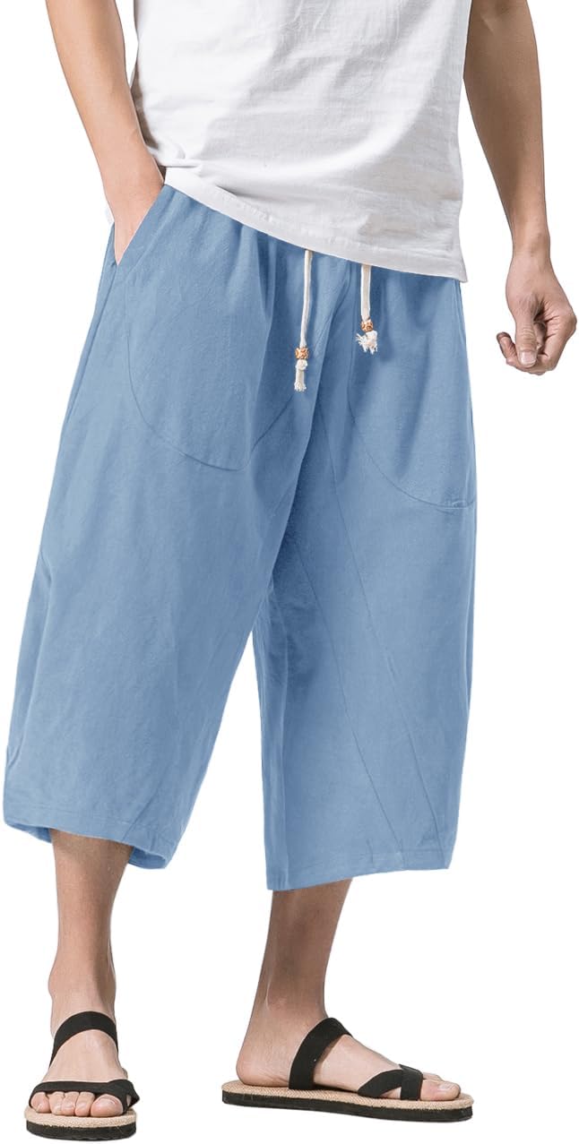 MAGNIVIT Men's Linen Cotton Capri Pants Loose Fit Elastic Waist Wide Leg Baggy Harem Pants