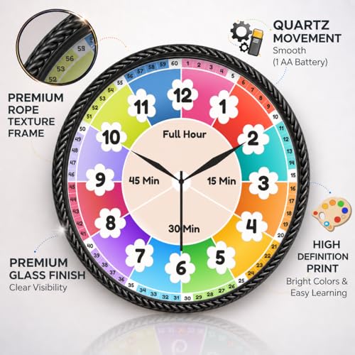 Image of AmeraKart- 10 Inch Kids Educational Wall Clock for Learning Time - Colorful Hour & Minute Teaching Clock for Children, Classroom & Study Room Decor I No Drill-Free Adhesive Hook Included (Blue)