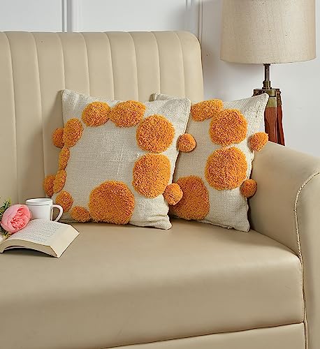 Image of TIB Premium Boho Decorative Throw Cushion Covers, 16 x 16 cm, Set of 2, Cotton. (Circle Orange)