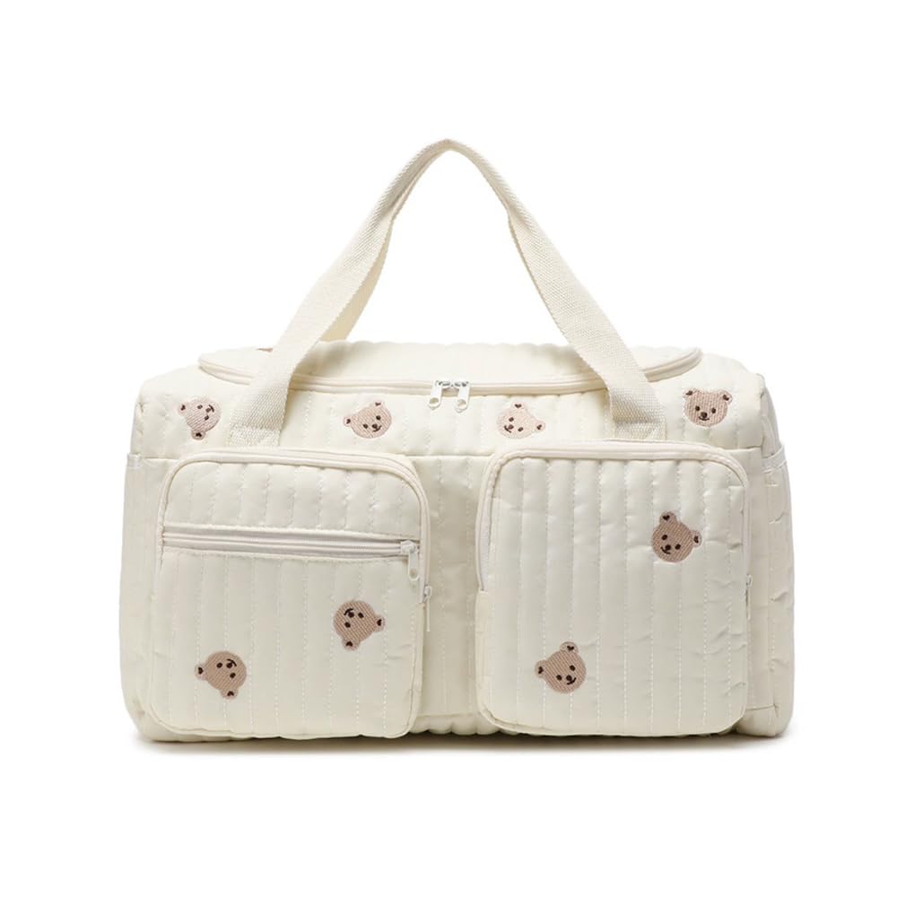 Quilted Diaper Bag, Large Capacity Cute Duffle Bag, Teddy Bear Pattern Cute Duffle Bag Portable & Lightweight for Hospital and Weekender Travel (B)
