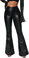 HAWILAND Women's High Waisted Faux Leather Flare Pants - Black Bell Bottom Pleather Leggings