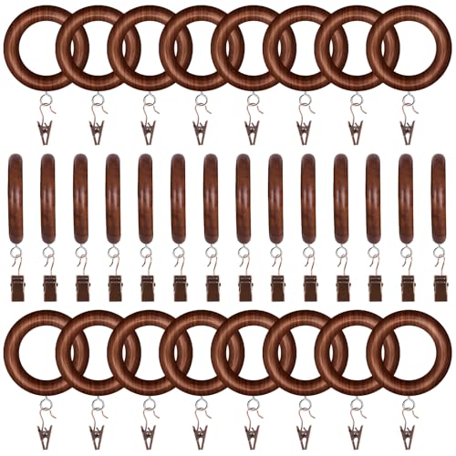 30 PCS Wooden Curtain Rod Rings with Curtain Clips 1.25 Inch Inner Diameter Wood Drapery Rings for Home Office Window Decor