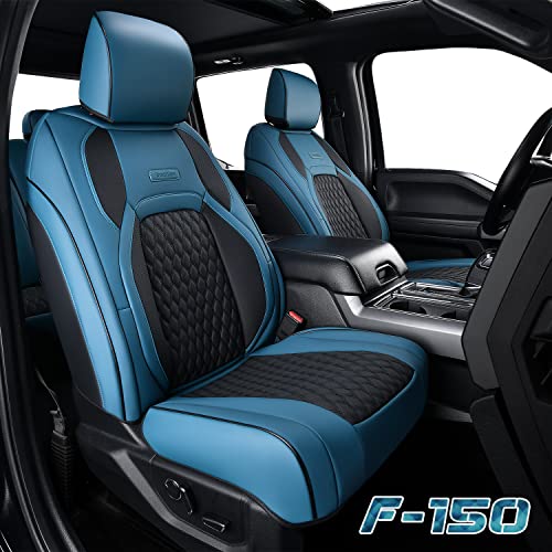 Truckiipa F150 Seat Covers Full Set, Faux Leather Waterproof Car Seats Cushion Cover Ford Accessories Luxury Truck Interior for Ford F150 2015-2022 Crew Cab, 2017-2022 F250 F350 F450, Turquoise/Blue