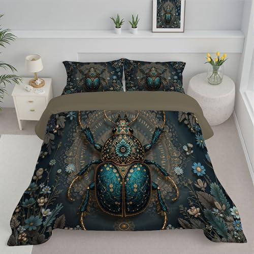 JEDTAKCT Edredón Nórdico Escarabajo Egipcio 3D Estampado Cama 105, Edredón De Floral Lujoso Reversible Transpirable Tacto Pluma, 260X230Cm, Acolchado Suave para Otoño Invierno, Turquesa