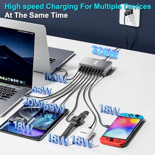 Image of 320W USB C Charger Block, Multi-port Fast USB Charging Station Dual PD 100W GaN Ⅲ Charging Station For Multiple Devices, Laptop Charger Adapter Compatible with MacBook, DELL, iPad, iPhone, Samsung etc