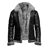 Mens Leather Bomber Jacket B3 Shearling Aviator Flying Jacket Sheepskin Winter Coat Vintage Trucker Cardigan Jacket Gray