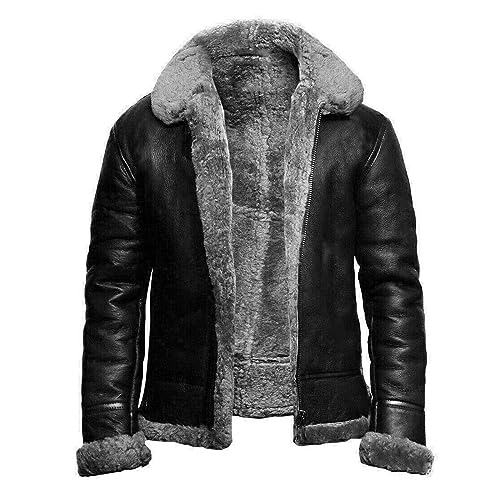 Mens Leather Bomber Jacket B3 Shearling Aviator Flying Jacket Sheepskin Winter Coat Vintage Trucker Cardigan Jacket
