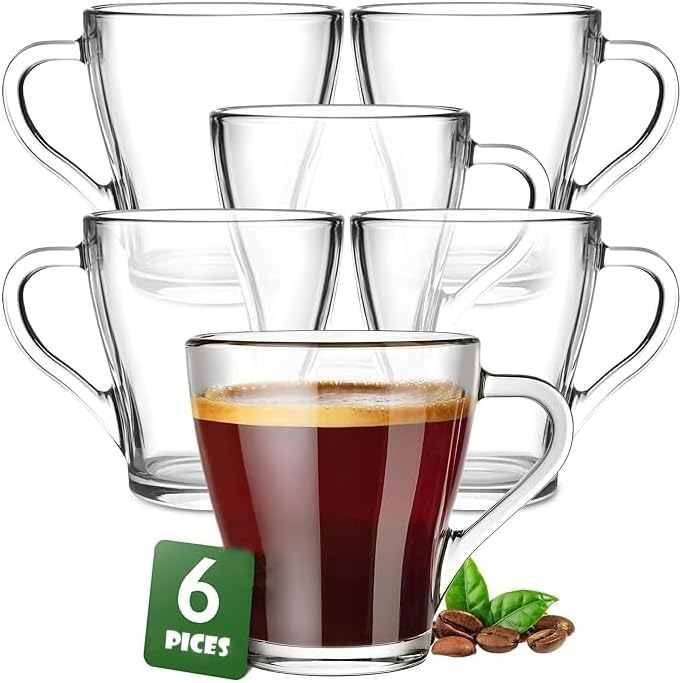 MARTVIA Crystal Clear Toughened Glass Tea Cup with Convenient Solid Handle Cups, Espresso Mug Set for Tea, Coffee, Hot/Cold Drinks (European 200 ML, 6)