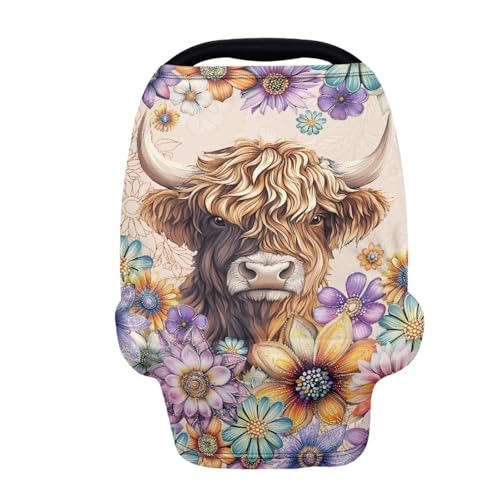 Image of Highland Cow Carseat Cover for Babies, Dahlia Floral Breathable Infant Carseat Cover for Baby Girl Carrier Cover, Shopping Cart Cover for Baby