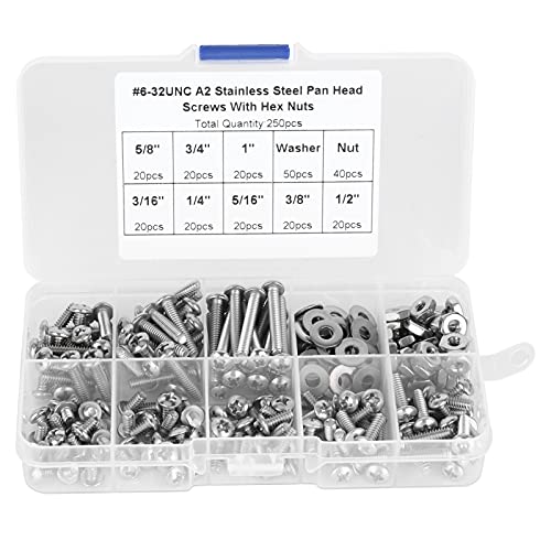 304ステンレススチールパンヘッドネジセット、六角ナットとワッシャー付きの各種ネジキット、家の修理とDIYのためのパンヘッドメインネジ、およびファスナー (250pcs #6-32UNC)