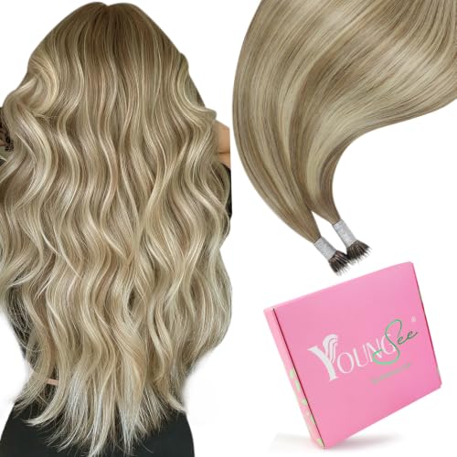 YoungSee Nano Bead Hair Extensions Balayage Nano Ring Hair Extensions Human Hair Light Brown Ombre Platinum Blonde Nano Extension Human Hair 20 Inch 50g 50 Strands for Wedding