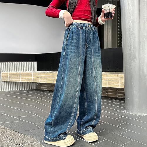 Girls Jeans Elastic Waist Straight Baggy Wide Leg Denim Pants Kids Teens Soft Comfortable Trousers3