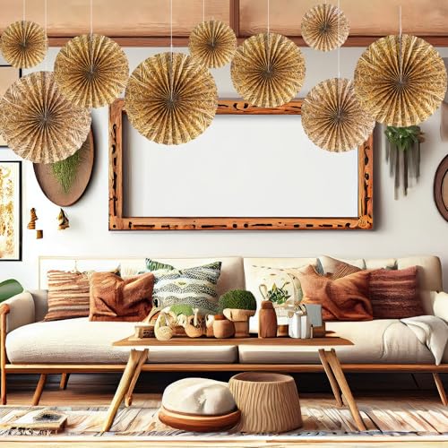Image of Outus 9 Pcs Western Cowboy Party Decorations Paper Fans Wagon Wheels Straw Hay Bales Hanging Ceiling Wall Decor for Country Western Themed Rodeo Farm Birthday Party Supplies (Straw)