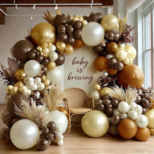 Image of Brown Balloon Arch Kit Double Stuffed Dark Tan Pearl White Sand Gold Balloon Garland for Neutral Birthday Baby Shower Gender Reveal Bridal Graduation Party Decorations