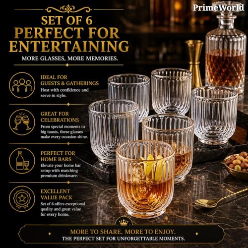 Image of PrimeWorld European Ribbed Whiskey Glasses Set of 6 pcs- 350 ml Bar Glass for Drinking Bourbon, Whisky, Scotch, Cocktails, Cognac- Old Fashioned Cocktail Tumblers