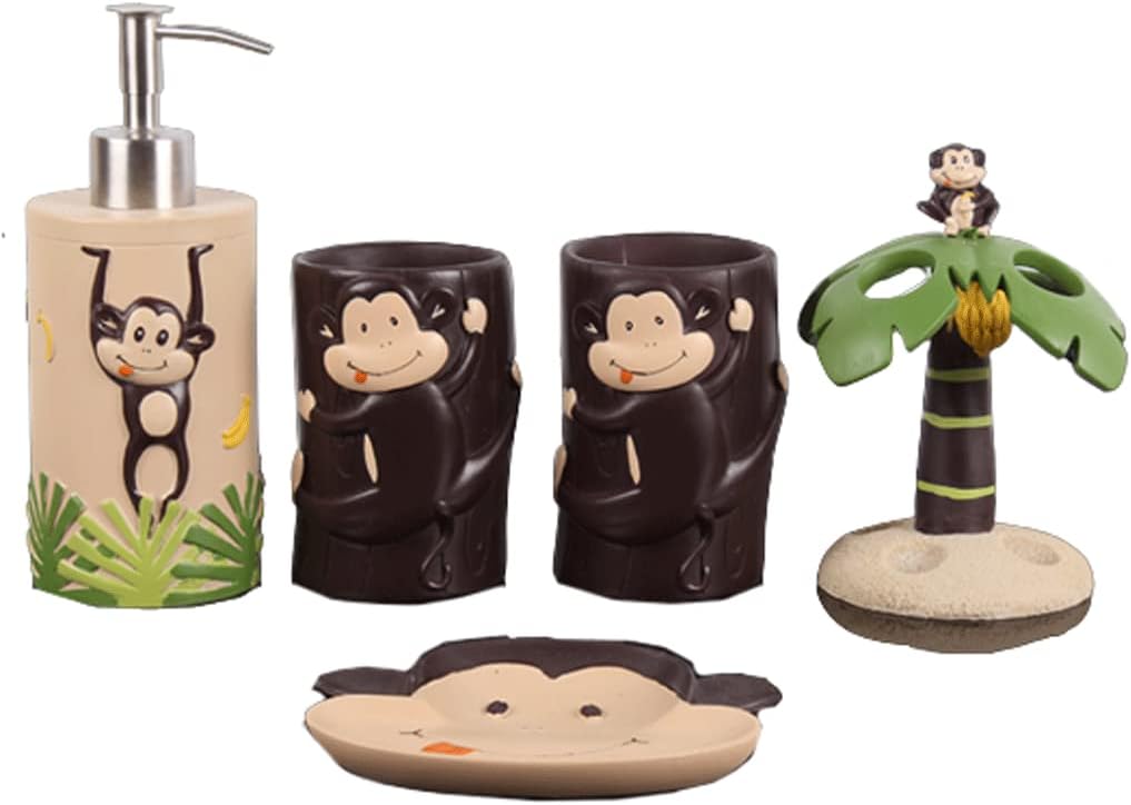 Creative Bathroom Accessories Set,Monkey Cute Bath Set for Kids,Birthday Gift for Bath Decor,Soap Dispenser,Toothbrush Holder(A)