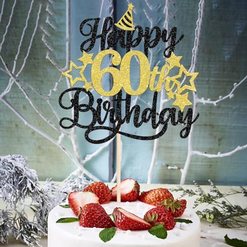 Image of Confetti! Glittering 60th Birthday Cake Topper with Star Hat - Cheers to 60 Years! Fabulous Cake Decorations for elders 60th Birthday & Anniversary Party Supply