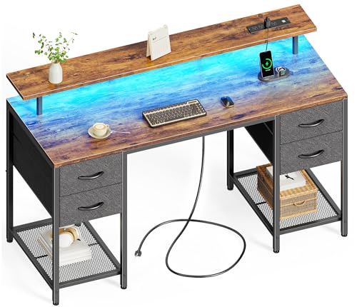 Image of Huuger 55 inch Computer Desk with 4 Drawers, Gaming Desk with LED Lights & Power Outlets, Home Office Desk with Large Storage Space for Bedroom, Work from Home, Rustic Brown