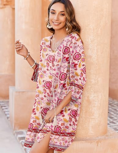 Image of Zeagoo Womens Boho Dresses Casual Beach Summer Dress Tassel Tie Neck 3 /4 Long Sleeve Mini Sundress 2026 Floral Print Cover Up