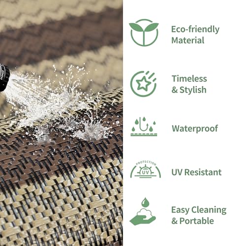 Image of GENIMO Outdoor Rug, Waterproof Plastic Rugs for Patio, 6'x9' Brown Greige | Outside Larger Modern Carpet Mat for Porch Decor, Deck, Balcony, Camping, RV, Backyard, Picnic, Beach, Reversible, Foldable