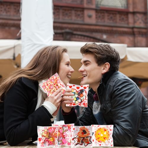 SULOLI Kekstüten Valentinstag,120 Stück Herz Cellophantüten Valentinstag,Rot Selbstklebend Plätzchentüten für Gebäck Keks Cookies