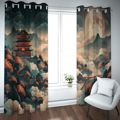 CHERHERART Cortinas Opacas Tradicionales de Pagoda China Pabellón Moon Mountain Paisajismo Cortinas de Ojal para Dormitorio salón Juego de 2 Paneles 2xB168xH300