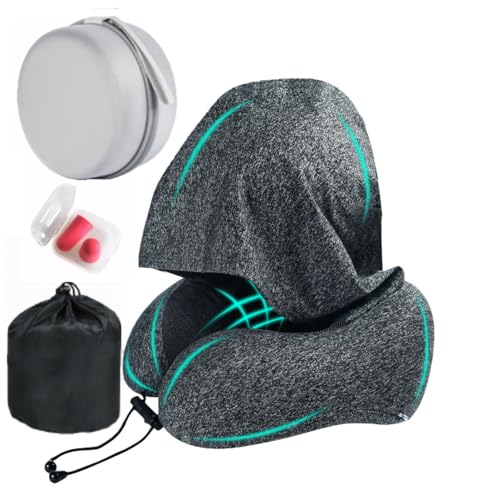 Image of Travel Neck Pillow with Extra Large Hood Rollable Airplane Hooded Neck Pillow with Memory Foam Filling and Removable, Skin-Friendly Cover with a Carrying Case & Pouch (Cationic)