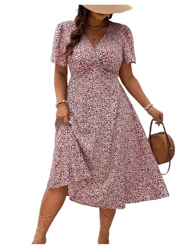 Image of Floerns Women's Plus Size Twist Front V Neck Midi Dress Short Sleeve A Line Dresses