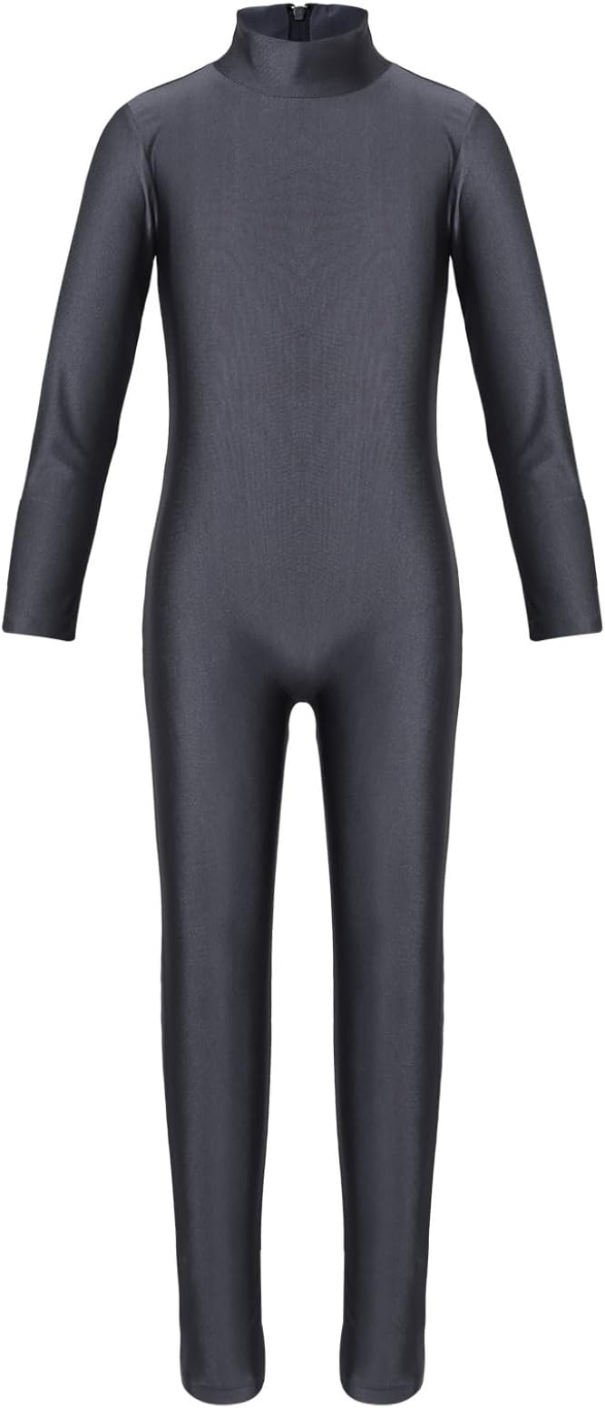 Kids Girls Long Sleeves Full Body Unitard Ballet Dance Gymnastics Leotard Jumpsuit Dancewear Zentai High Neck Dark Grey 5-6
