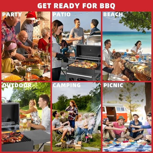 Holzkohlegrill Groß mit Deckel und Gusseisen Grillrost – Edelstahl Grillwagen für Outdoor Garten, Camping BBQ & Smoker