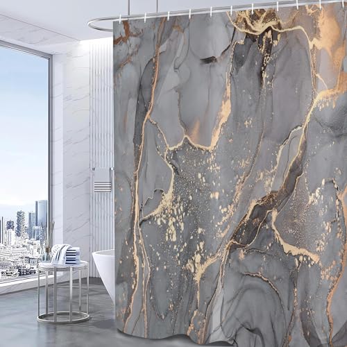 ASDCXZ Duschvorhang Grau Gold Marmor 180x180 cm, Modern Abstrakt Grau Gold Schwarz Marmor Optik Textur Waschbar Bad Duschvorhänge Polyester Textil Wasserdicht Duschvorhang für Badewanne mit 12 Hake