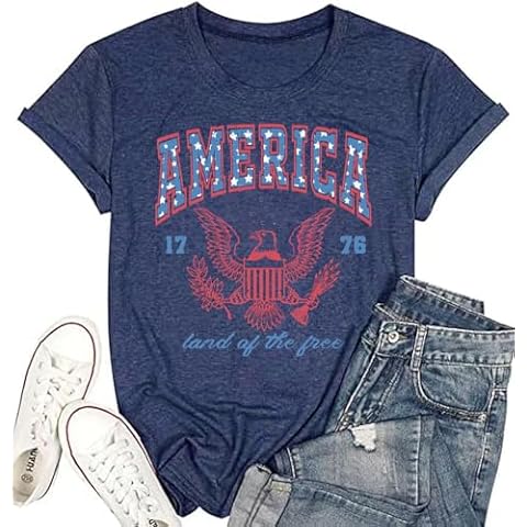 Ymoshoe America Land Of The Free Shirt Women 4th of July Independence Day Shirts 1776 Eagle Patriontic Graphic Short Sleeve Tee Tops(Navy,XL) Cover
