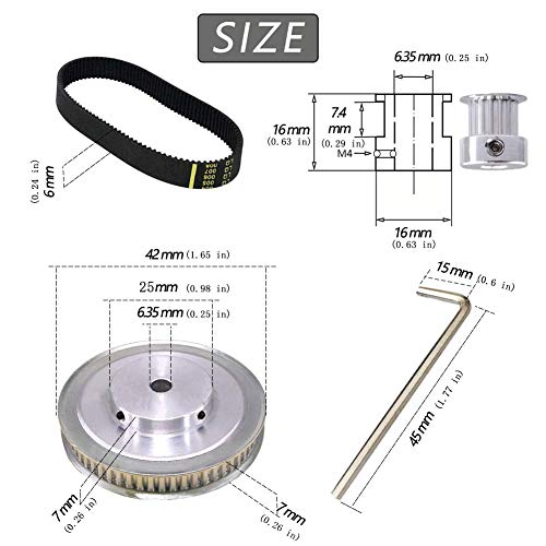 Houkr Gt2 Aluminum Timing Belt Idler Pulley Bearing 20&60 Teeth Width 6.35Mm Born Synchronous Wheel, With A Perimeter 200Mm Width 6Mm Belt And A M4 Allen Wrench, For 3D Printer. #TOP1