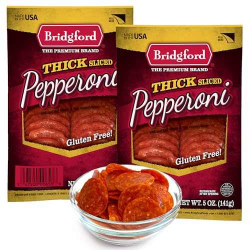 Bridgford Thick Sliced Pepperoni 5 oz Pack of 2 - Thick Pepperoni Slices for Pizza and Sandwiches with Zero Carb Ideal for Your Keto Diets - Ready-to-Eat Slices for On-The-Go Snacking