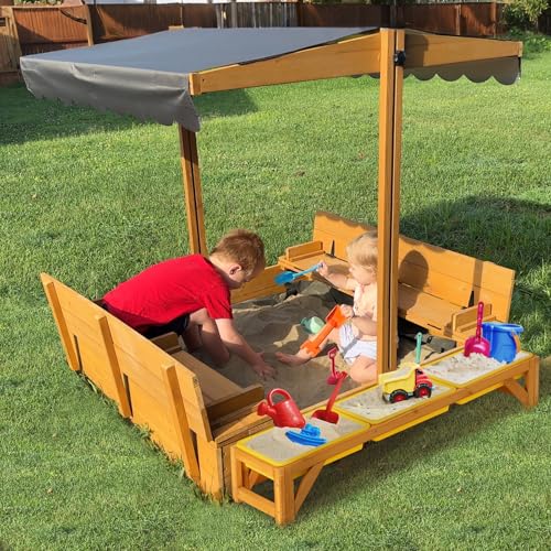 GUTINNEEN Sandbox with Lid and Cover for Kids Outdoor Sand Box with 3 Toy Bins, 2 Foldable Bench Seats, Adjustable Canopy and Sand Protection Liner, 47.2" L x 47.2" W x 51.9" H