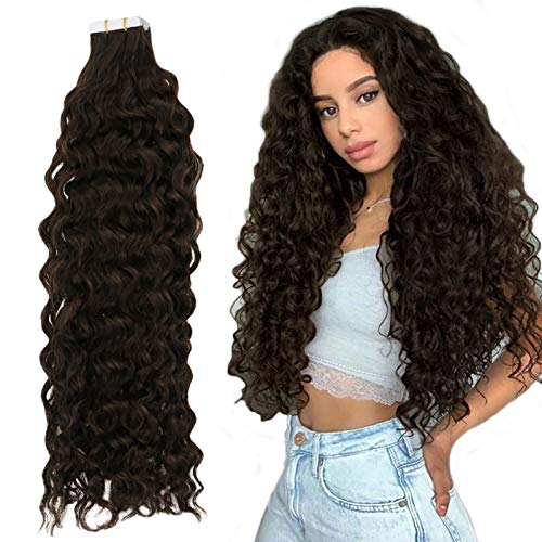 RUNATURE Tape Extensions 14 Inches Color 2 Dark Brown Natural Wave 50g 20Pcs(2.5g Per Piece) Glue on Hair Extensions for Women