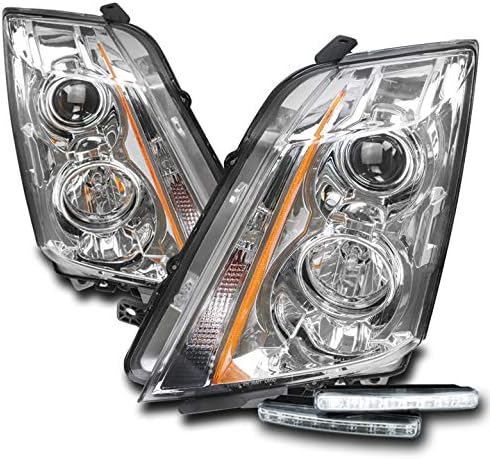 Projector Chrome Headlights Headlamps with 6" White LED DRL Lights For 2008-2014 Cadillac CTS