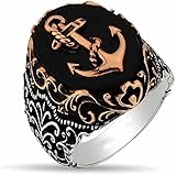Anillo de plata de ley 925 con diseño de ancla de ónix negro bordado hecho a mano para hombre, Piedra, Onyx,