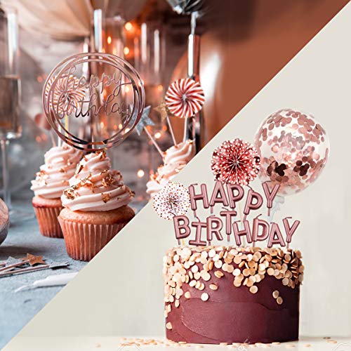 Movinpe Rose Gold Cake Topper Decoration With Happy Birthday Candles Happy Birthday Banner Confetti Balloon Paper Fans For Rose Gold Theme Party Decor Girl Women Birthday Party #TOP2