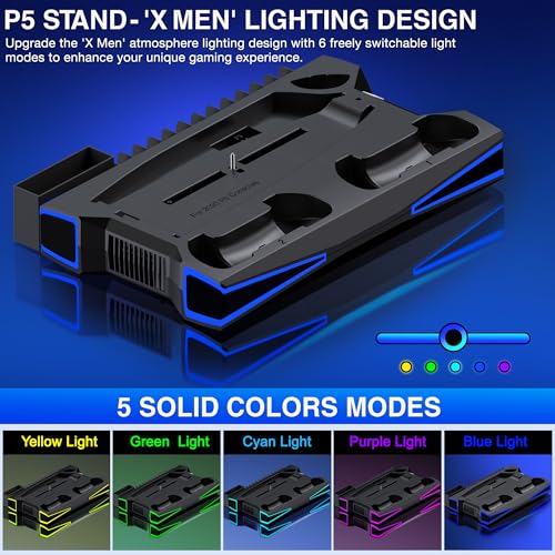 Image of PS5 Stand, PS5 /PS5 Slim Cooling Station with 3-Level Cooling Fan, Controller Charger Station for PS5 Accessories, Light, Headset Holder, 3 Charger Ports for PlayStation 5 Slim Console, Black