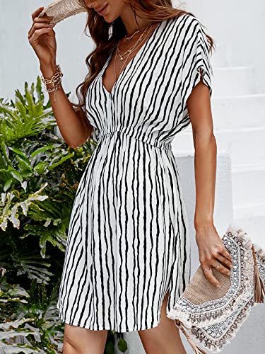 Image of CUPSHE Women's Swimsuit Coverup Casual V Neck Beach Dress Short Sleeve Elastic Waist Swimwear Cover Ups 2026 Beachwear