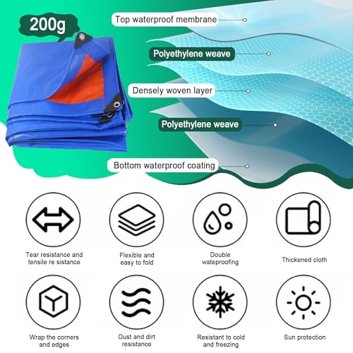 Lona impermeable para exterior de 1.3 x 2.5 m azul en tejido PE de 200g m2 6