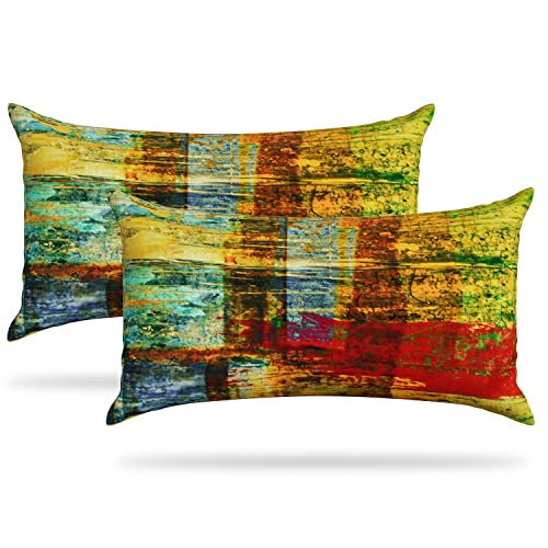 Suesoso Modern Grunge Abstract Art Throw Pillow Cover 12"X20" Set Of 2 Messy Rust Painting Decorative Pillow Cases With Red Blue And Orange Decorative Pillow Covers Throw Decorative Home Decor #TOP21