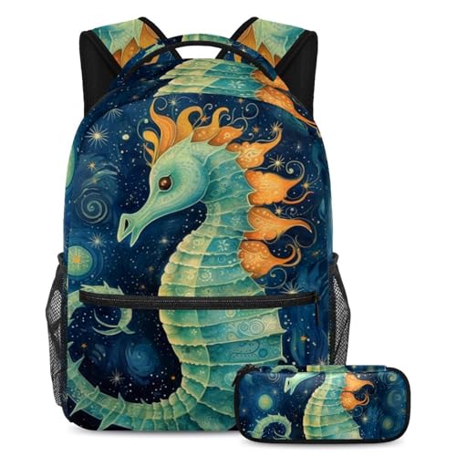 Sac à dos avec trousse combo hippocampe bleu grand cartable mixte